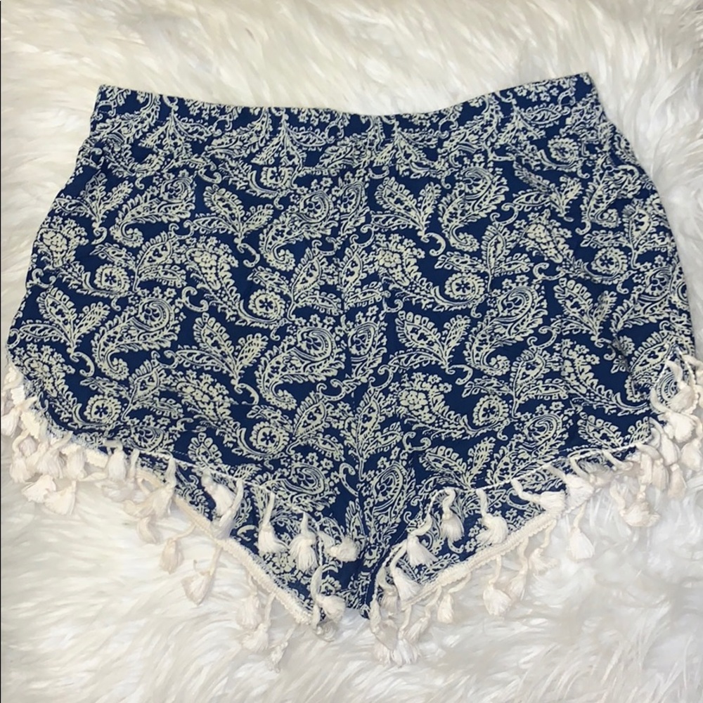 Super cute white and blue patterned tassel shorts